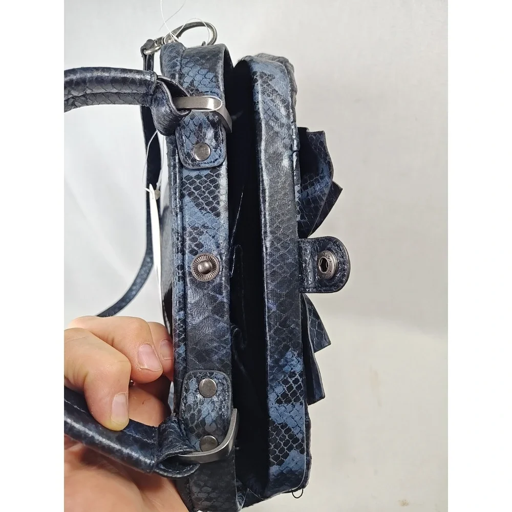 Jessica Simpson Runway Bow Dark Denim Python Faux Leather Satchel Shoulder Bag